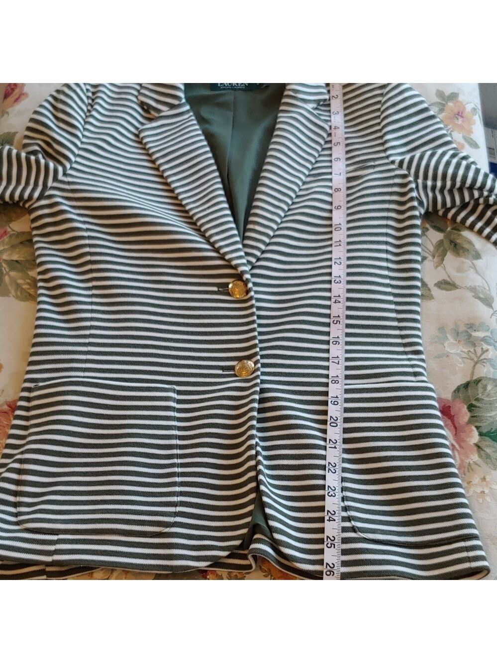 LAUREN Ralph Lauren Olive & Cream Striped Women's Blazer size Medium - Picture 8 of 17